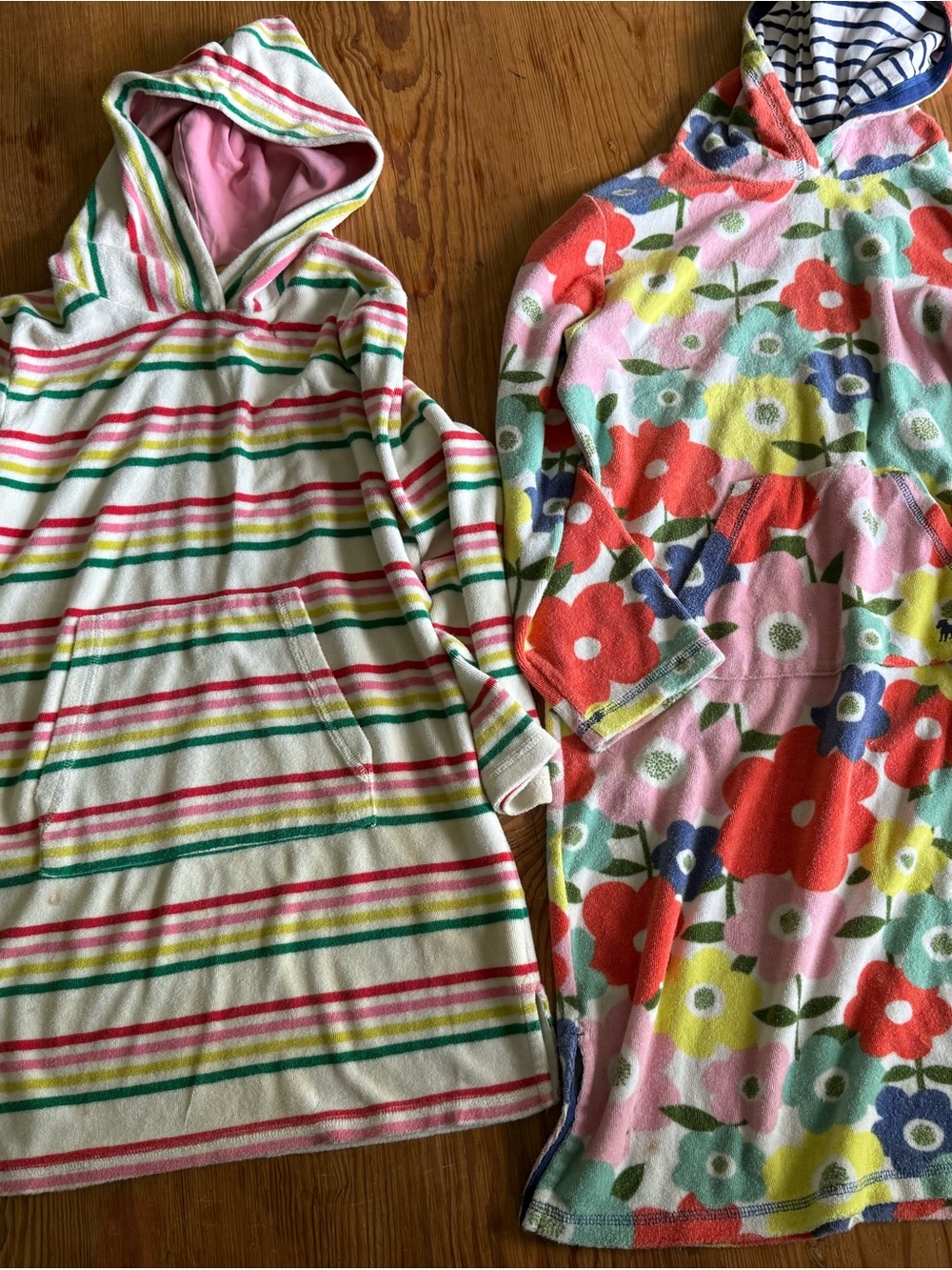 Lot of two Mini Boden Kids Hooded Toweling Cover-Ups in Pink Stripe and Floral